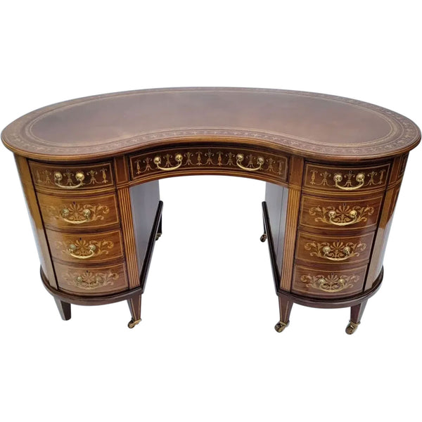 Fine English Maple & Co. Edwardian Inlaid Rosewood, Satinwood, Leather Kidney Desk