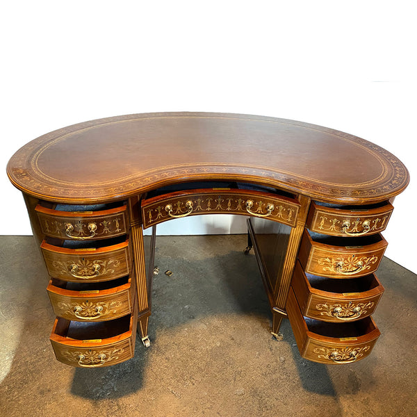 Fine English Maple & Co. Edwardian Inlaid Rosewood, Satinwood, Leather Kidney Desk