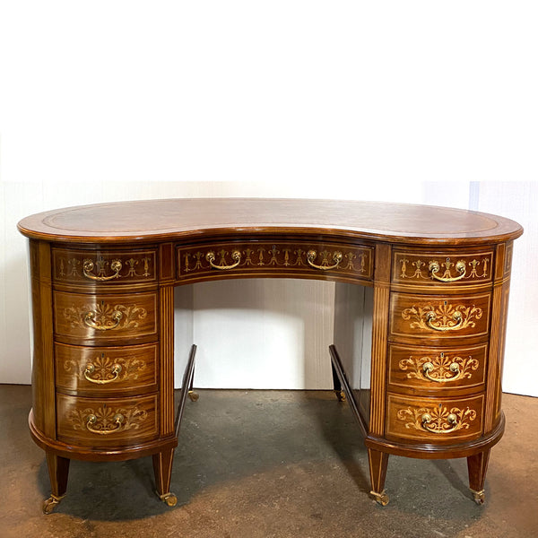 Fine English Maple & Co. Edwardian Inlaid Rosewood, Satinwood, Leather Kidney Desk