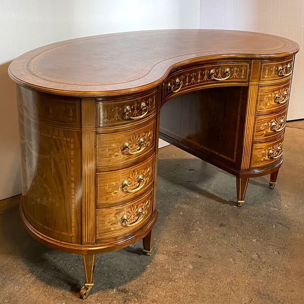 Fine English Maple & Co. Edwardian Inlaid Rosewood, Satinwood, Leather Kidney Desk