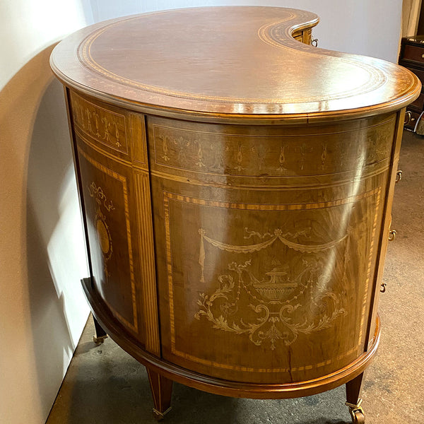 Fine English Maple & Co. Edwardian Inlaid Rosewood, Satinwood, Leather Kidney Desk