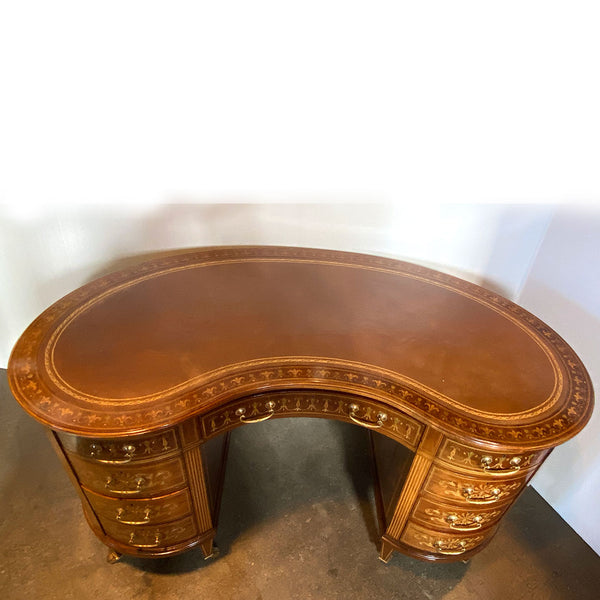 Fine English Maple & Co. Edwardian Inlaid Rosewood, Satinwood, Leather Kidney Desk