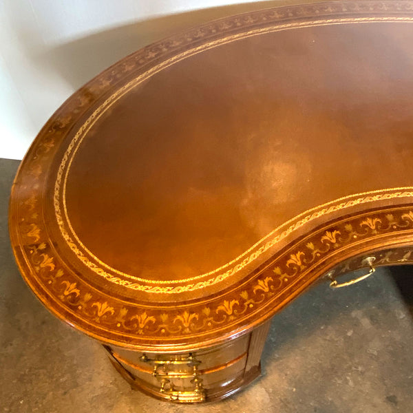 Fine English Maple & Co. Edwardian Inlaid Rosewood, Satinwood, Leather Kidney Desk