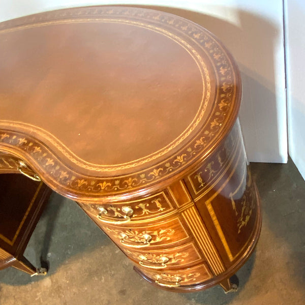 Fine English Maple & Co. Edwardian Inlaid Rosewood, Satinwood, Leather Kidney Desk