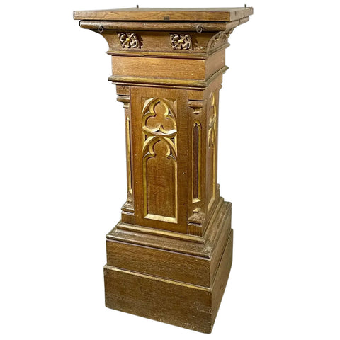 Signed Belgian Gothic Revival Parcel Gilt and Oak Pedestal