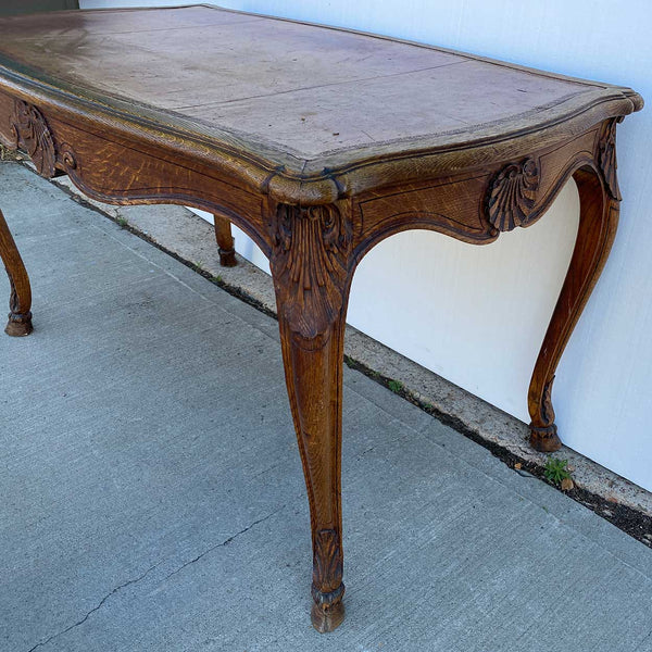 French Louis XV Revival Oak Leather-Top Writing Desk Table