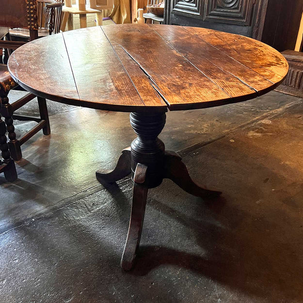 English Oak Plank Round Pedestal Tripod Tavern Table