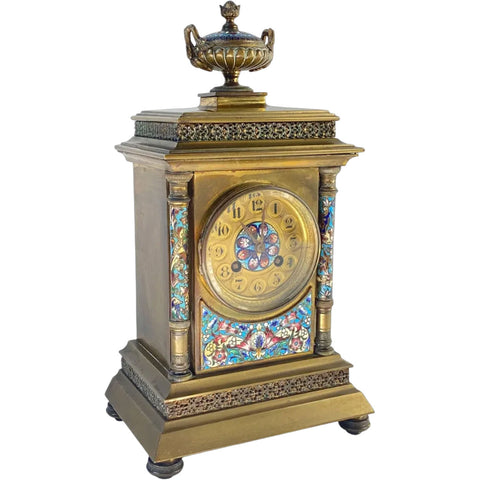 French Samuel Marti Champleve Enamel Gilt Bronze Mantel Clock