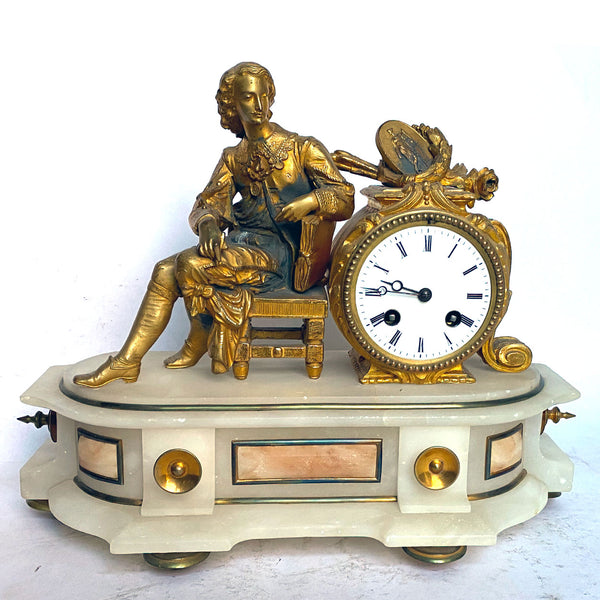 French Philippe H. Mourey Napoleon III Gilt Bronze and Alabaster Figural Mantel Clock