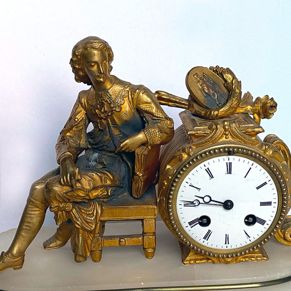 French Philippe H. Mourey Napoleon III Gilt Bronze and Alabaster Figural Mantel Clock