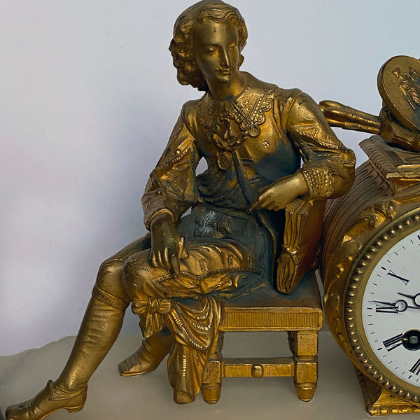 French Philippe H. Mourey Napoleon III Gilt Bronze and Alabaster Figural Mantel Clock