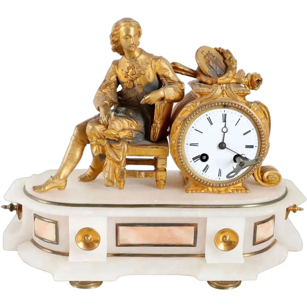 French Philippe H. Mourey Napoleon III Gilt Bronze and Alabaster Figural Mantel Clock