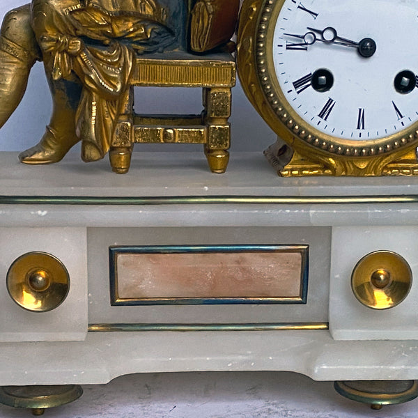 French Philippe H. Mourey Napoleon III Gilt Bronze and Alabaster Figural Mantel Clock