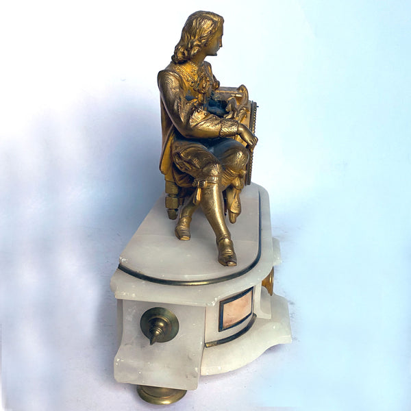 French Philippe H. Mourey Napoleon III Gilt Bronze and Alabaster Figural Mantel Clock