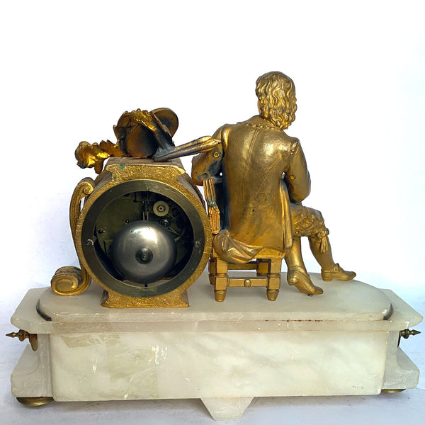 French Philippe H. Mourey Napoleon III Gilt Bronze and Alabaster Figural Mantel Clock