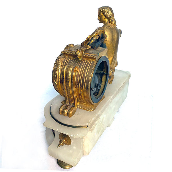 French Philippe H. Mourey Napoleon III Gilt Bronze and Alabaster Figural Mantel Clock