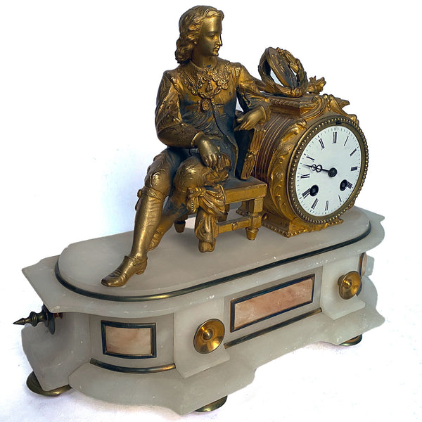 French Philippe H. Mourey Napoleon III Gilt Bronze and Alabaster Figural Mantel Clock