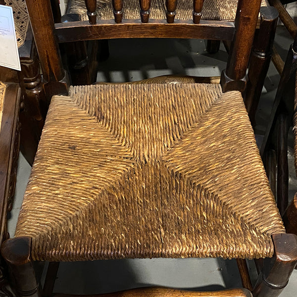 Harlequin Set of Ten English Yorkshire Oak and Elm Spindleback Rush Seat Dining Chairs