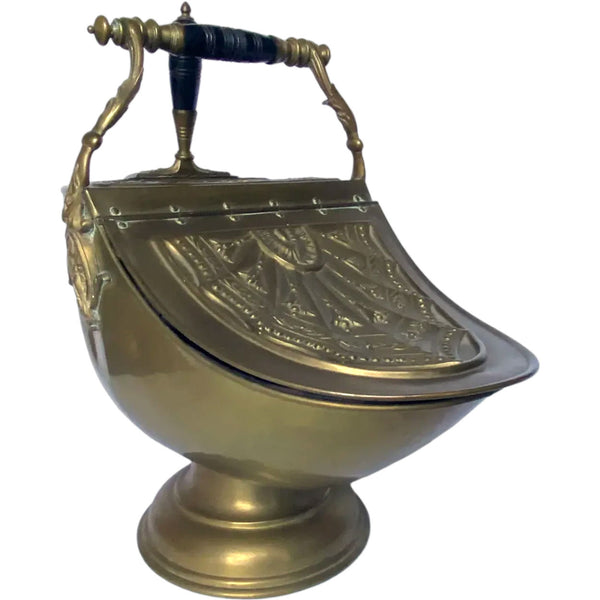 English Benham & Froud Brass, Ebonized Wood, Tin Lined Coal Scuttle and Shovel