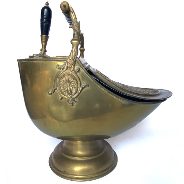 English Benham & Froud Brass, Ebonized Wood, Tin Lined Coal Scuttle and Shovel