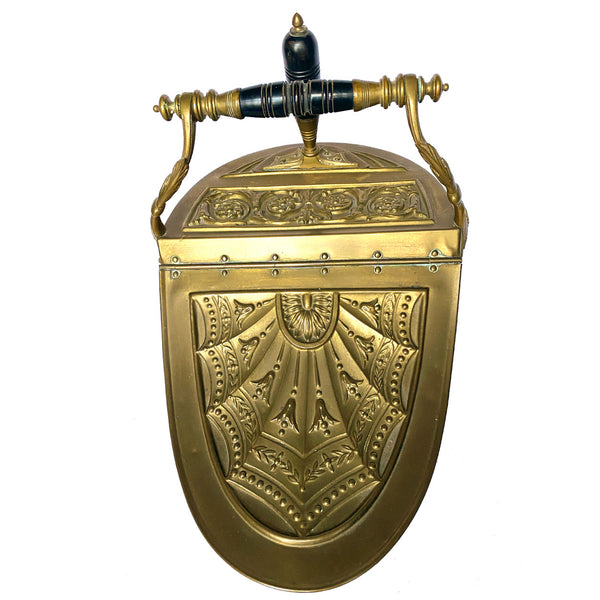 English Benham & Froud Brass, Ebonized Wood, Tin Lined Coal Scuttle and Shovel