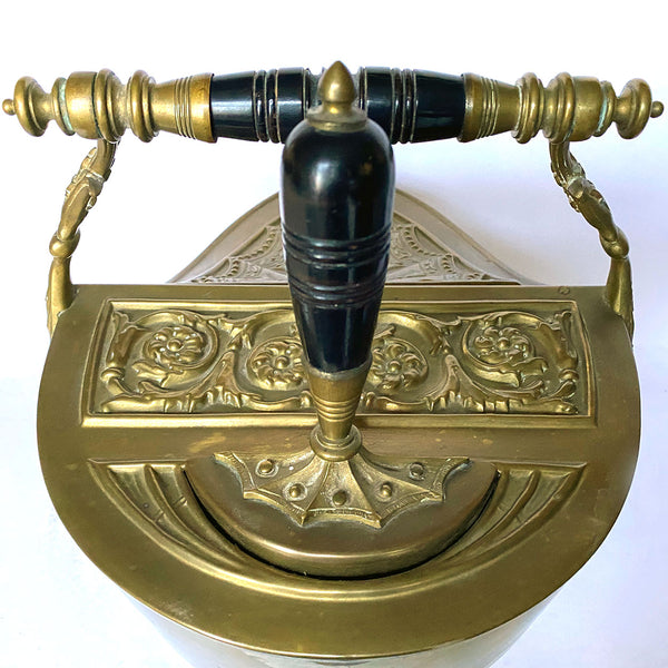 English Benham & Froud Brass, Ebonized Wood, Tin Lined Coal Scuttle and Shovel