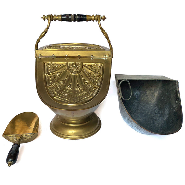 English Benham & Froud Brass, Ebonized Wood, Tin Lined Coal Scuttle and Shovel