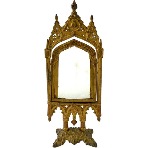 English Gothic Revival Gold Painted Cast Iron Dresser Mirror