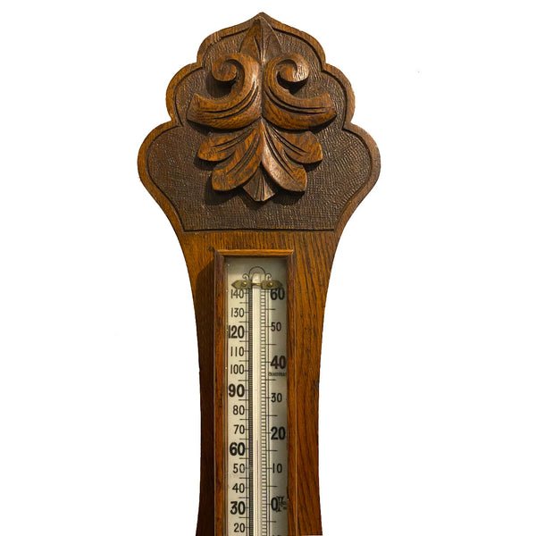 English Oak, Brass, Porcelain and Glass Aneroid Wheel Barometer