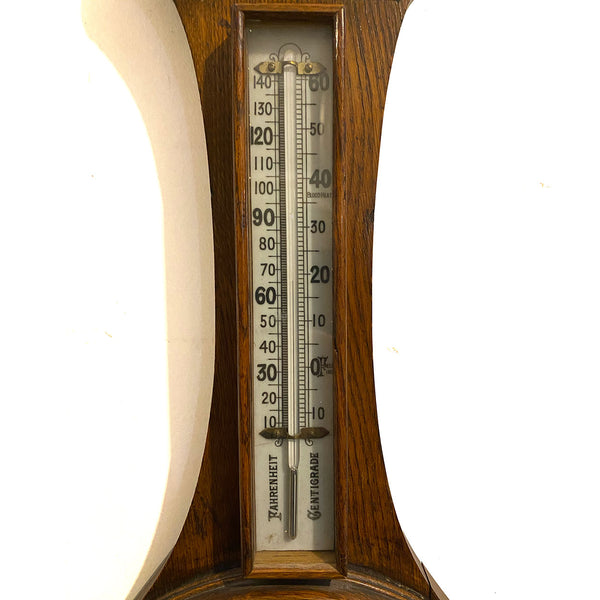 English Oak, Brass, Porcelain and Glass Aneroid Wheel Barometer