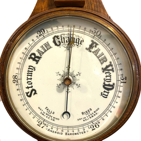 English Oak, Brass, Porcelain and Glass Aneroid Wheel Barometer