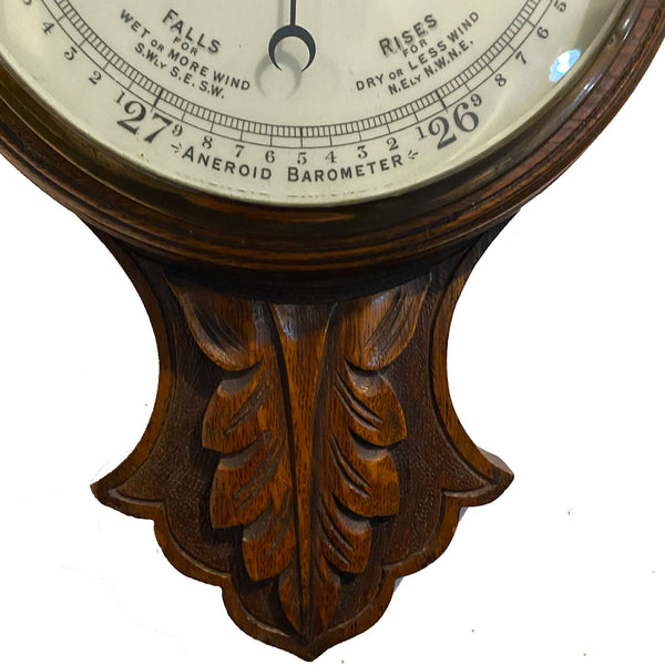 English Oak, Brass, Porcelain and Glass Aneroid Wheel Barometer