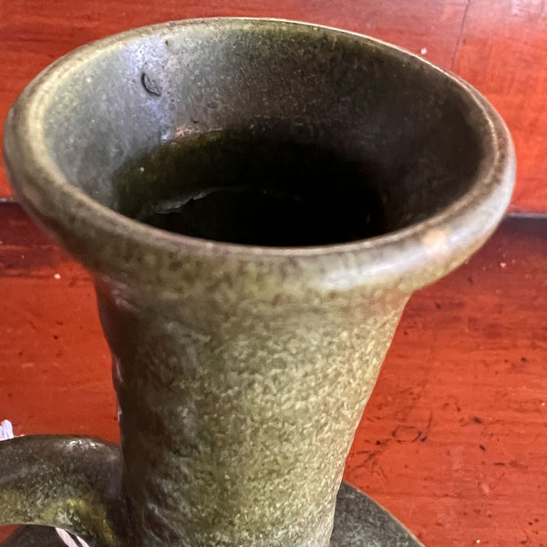 American Walrath Pottery Matte Green Glaze Three-Handle Candlestick