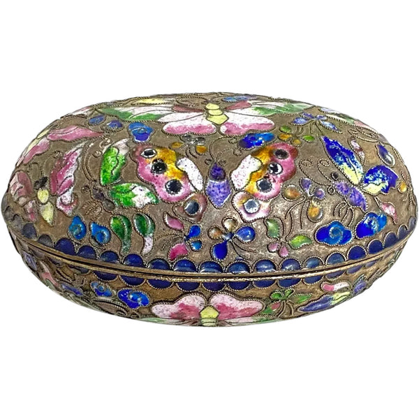 Chinese Cloisonne Enamel on Metal Oval Butterflies Desk Box