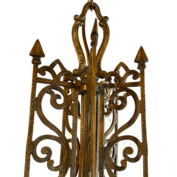Vintage American Spanish Revival Hammered Brass Pendant Five-Light Chandelier