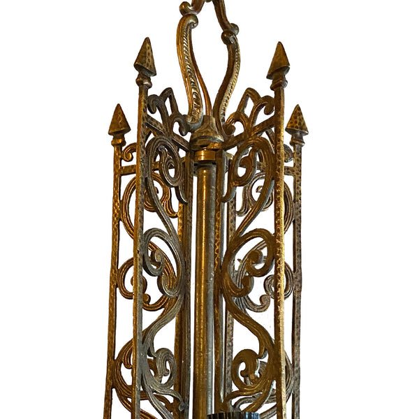 Vintage American Spanish Revival Hammered Brass Pendant Five-Light Chandelier