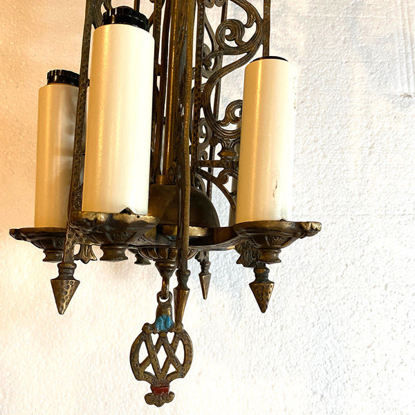 Vintage American Spanish Revival Hammered Brass Pendant Five-Light Chandelier