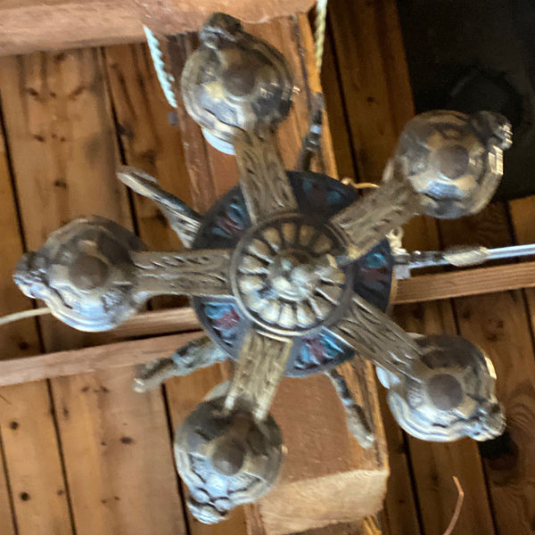 Vintage American Spanish Revival Hammered Brass Pendant Five-Light Chandelier
