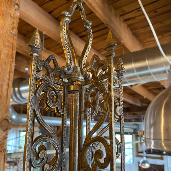 Vintage American Spanish Revival Hammered Brass Pendant Five-Light Chandelier