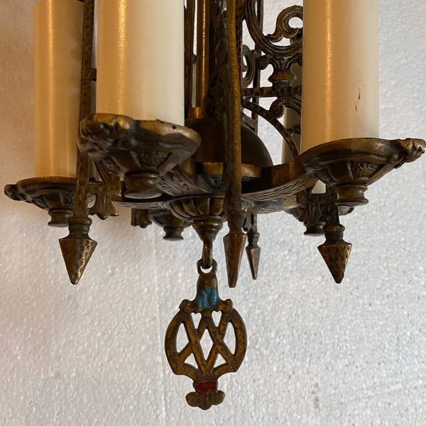 Vintage American Spanish Revival Hammered Brass Pendant Five-Light Chandelier