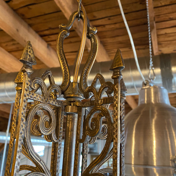 Vintage American Spanish Revival Hammered Brass Pendant Five-Light Chandelier