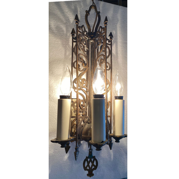 Vintage American Spanish Revival Hammered Brass Pendant Five-Light Chandelier