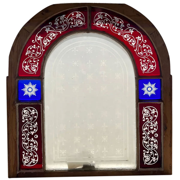 American St. Louis Stained and Acid Etched Glass Arched Window