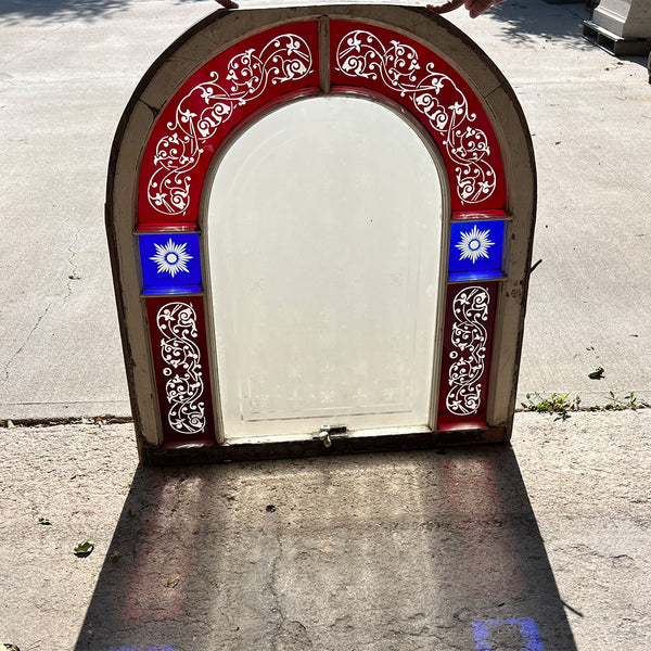 American St. Louis Stained and Acid Etched Glass Arched Window