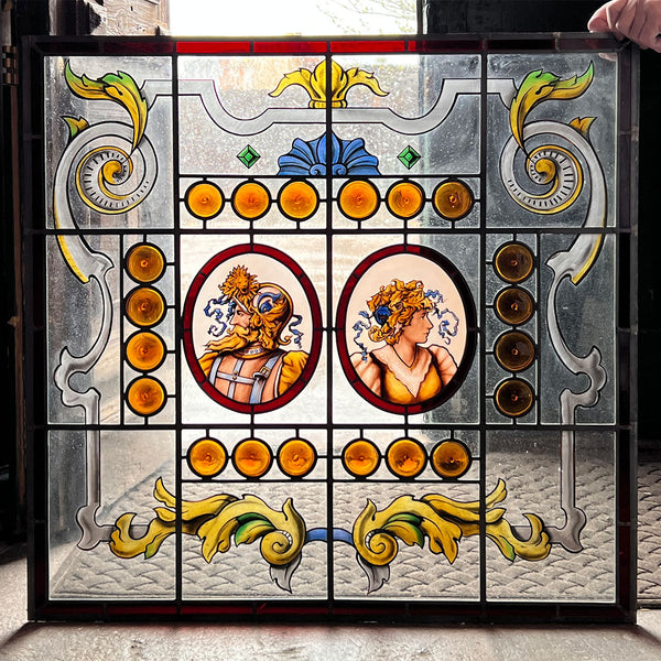 American ANN WOLFF Renaissance Revival Stained, Painted and Leaded Glass Window