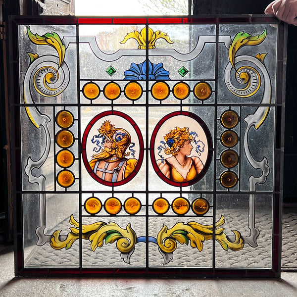 American ANN WOLFF Renaissance Revival Stained, Painted and Leaded Glass Window