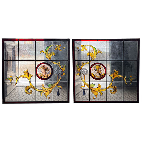 Set of Two American ANN WOLFF Stained, Painted and Leaded Glass Windows
