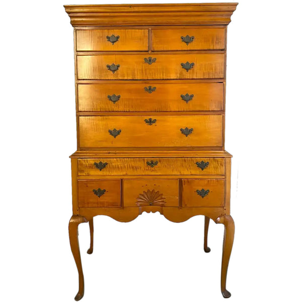 American New England Queen Anne Figured Maple Flat-Top Highboy