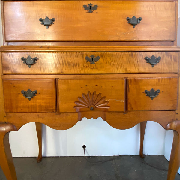 American New England Queen Anne Figured Maple Flat-Top Highboy