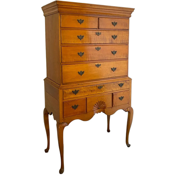 American New England Queen Anne Figured Maple Flat-Top Highboy